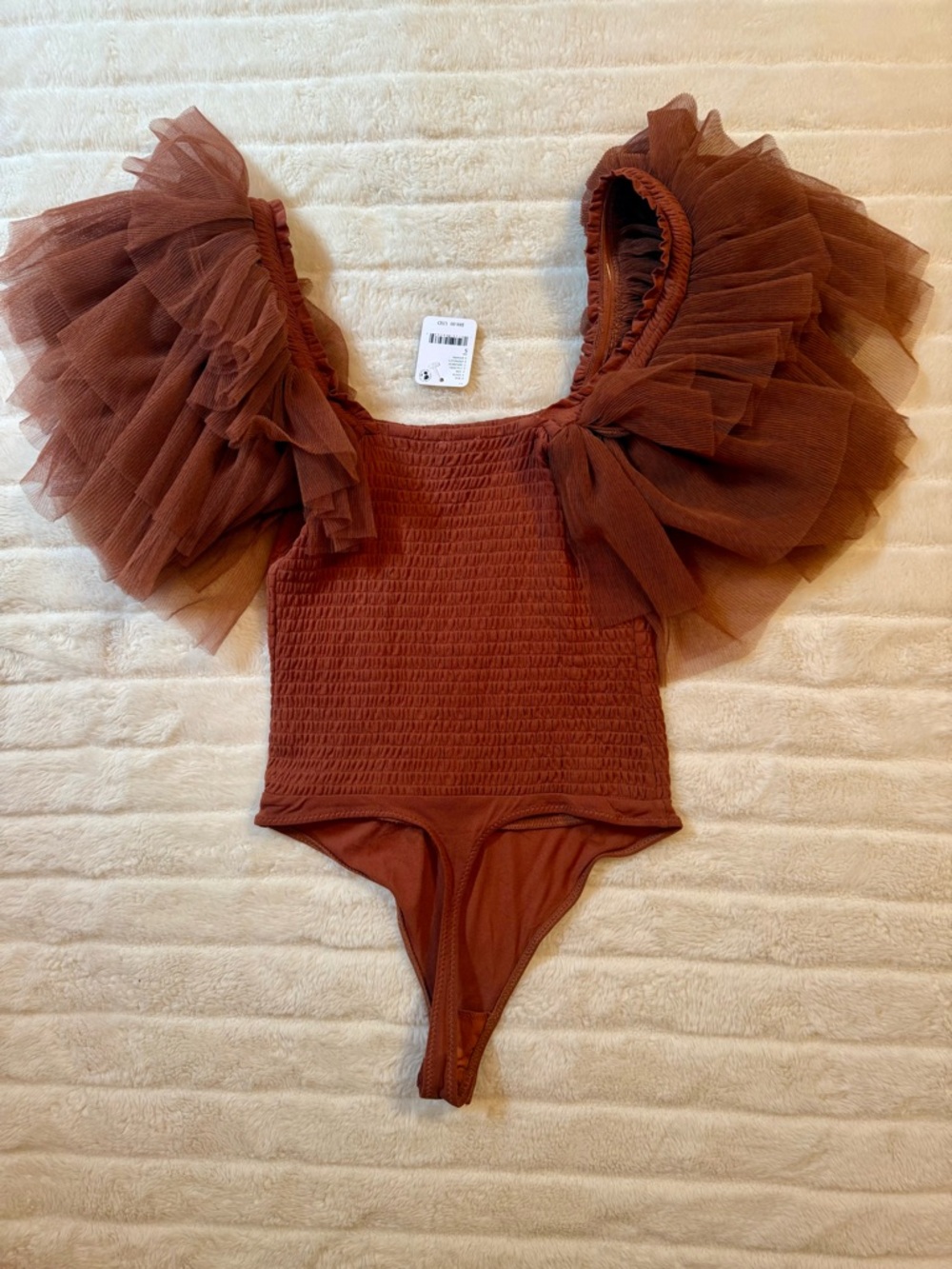 Free People Rust Brown Tulle Puff-Sleeve Bodysuit